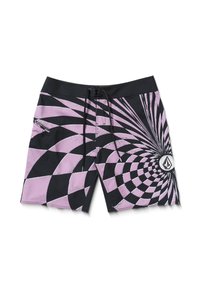 Pantaloni da bagno neri e rosa con un motivo a scacchi a spirale. Presentano una vita a contrasto, chiusura con cordoncino e una tasca laterale con zip.