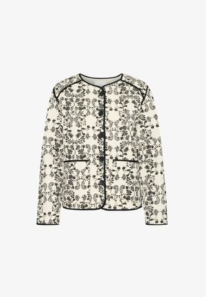 Jachetă cu model floral în nuanțe de crem și negru, cu guler rotund, nasturi în față și două buzunare aplicate cu accente de piping negru.