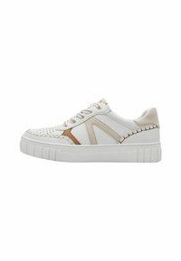 Sneakers bianchi con dettagli perforati, accenti crema e tan, lacci tondi e una suola in gomma testurizzata con un design scanalato.