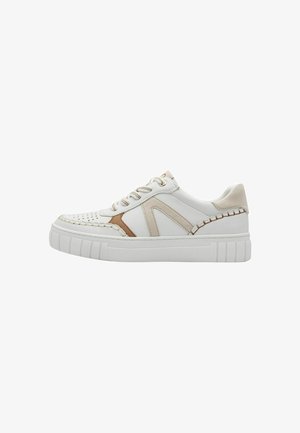 White sneakers featuring perforated detailing, cream and tan accents, round laces, and a textured rubber sole with a ridged design.
