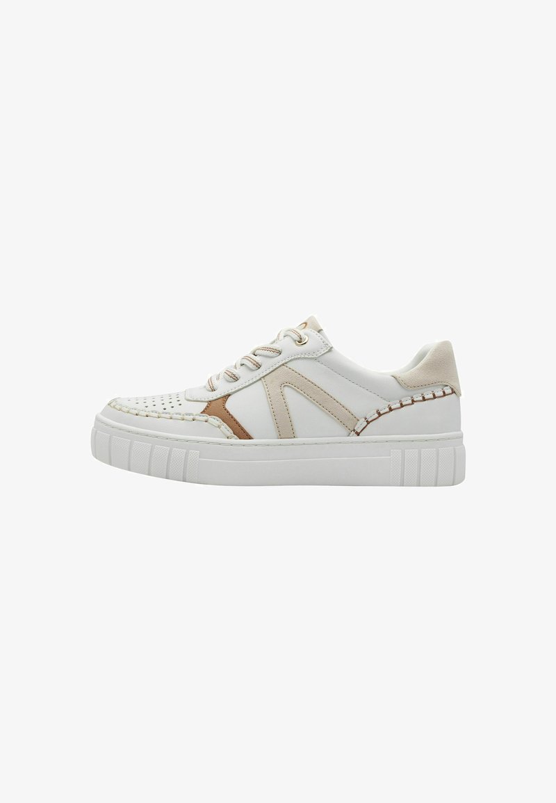 White sneakers featuring perforated detailing, cream and tan accents, round laces, and a textured rubber sole with a ridged design.