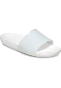 Light blue slide sandal with a glossy strap, white textured footbed, and a cushioned sole for comfort. Rounded shape, modern design.