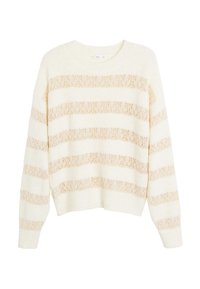 Cremfarbener Pullover mit breiten, beigen Spitzenstreifen, gerippter Textur, rundem Halsausschnitt und langen Ärmeln. Kurzes Design. Weiches Strickmaterial.