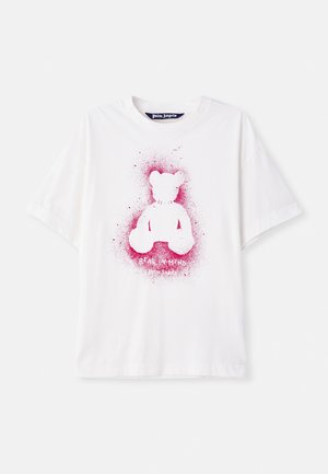 White cotton t-shirt featuring a pink bear graphic at the center and the text "BEAR IN MIND" below. Short sleeves, relaxed fit.