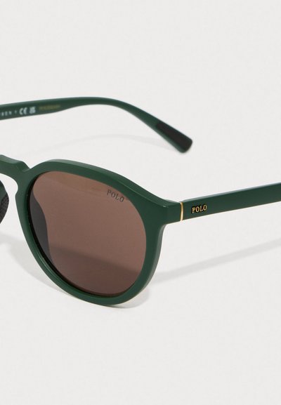 Óculos de sol de plástico verde com armação redonda, lentes castanhas e detalhes dourados. As características incluem almofadas nasais texturizadas e hastes retas e elegantes.