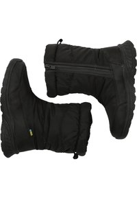 Schwarze isolierte Winterstiefel mit einer ge quilteten Textur, Reißverschluss und Gummisohlen für besseren Halt. Weiches Material und rundes Zehendesign.