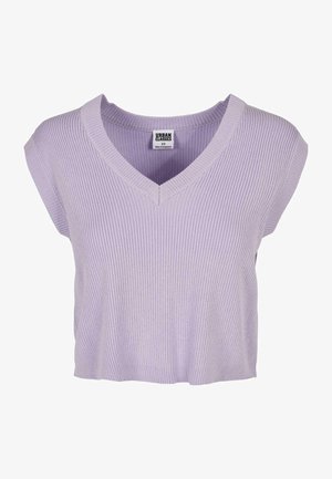 Lavendli ribaga töödeldud lühikeste varrukatega V-kaelusega topp, millel on lõtv istuvus ja tekstureeritud kangas. Silt ütleb "URBAN CLASSICS," suurus XS.