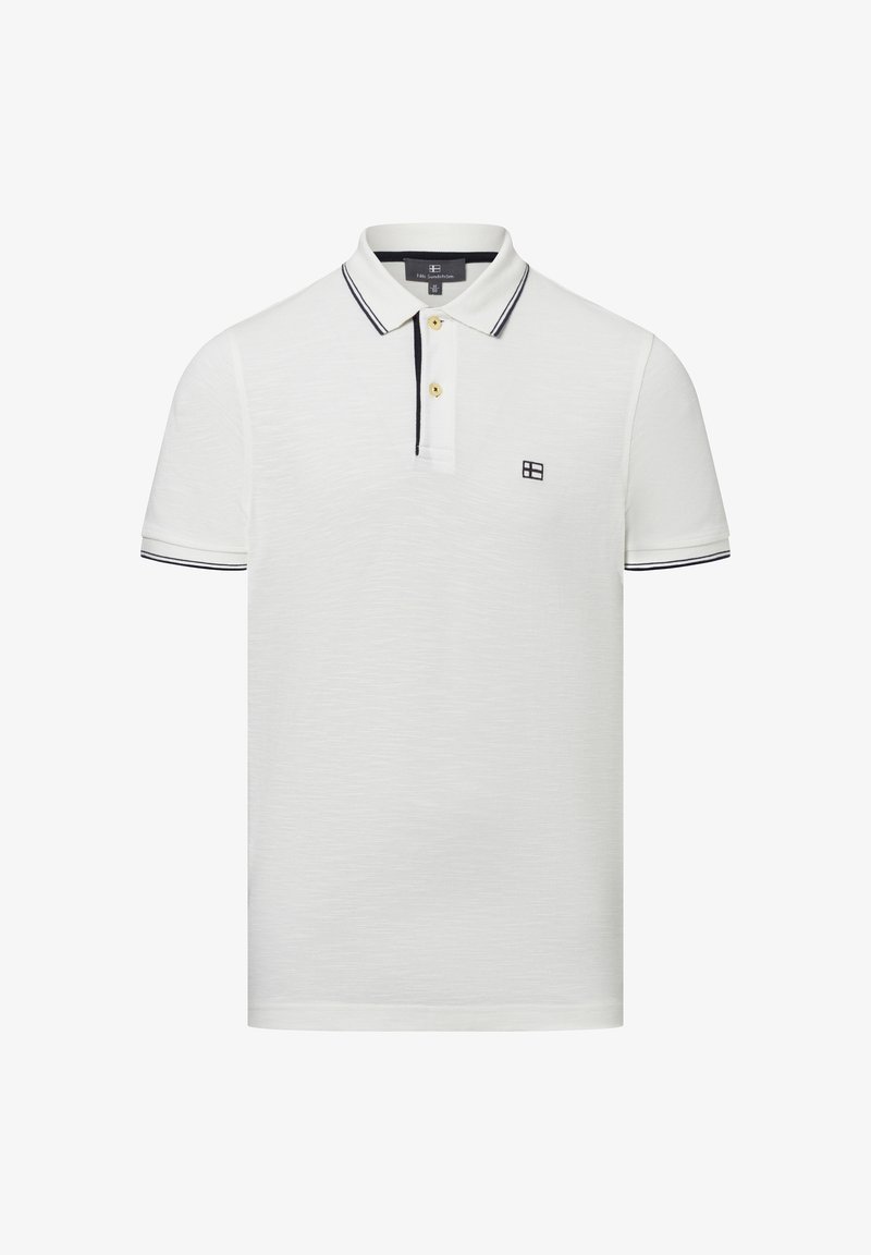 Weißes Baumwoll-Polohemd mit strukturiertem Finish, kurzen Ärmeln und Kragen, ausgestattet mit schwarzem Besatz und zwei goldenen Knöpfen am Ausschnitt.