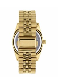 Gold-tone watch with a metal link bracelet, round case, and a contrasting dark dial. Features a secure clasp and minimalistic design.