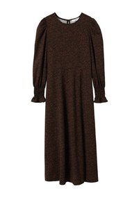 Braunes Langarmkleid mit rundem Ausschnitt, mit einem floralen Muster in Orange- und helleren Tönen, gerafften Bündchen und einem ausgestellten Rock.