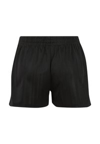 Shorts noirs à taille élastique avec un subtil motif à rayures verticales, présentés à plat de face sur fond blanc.