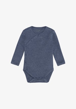 Body per neonati a manica lunga in tessuto a coste blu scuro, con chiusura a bottoni automatici sul lato e scollo rotondo.