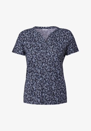 Kortärmad marinblå topp med bladmönster i ljusblå nyanser, med V-ringning och avslappnad passform. Tillverkad av ett mjukt tyg.