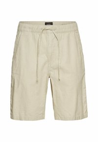 Beige linnedel shorts med elastisk talje, snorlukning, sidelommer og løs pasform. Blød tekstur, længde til midten af låret.