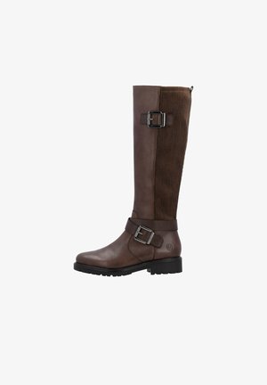 Braune Lederstiefel bis zum Knie mit vertikalem Cordpanel, einer Schnallenapplikation am Riemen und einer strukturierten Sohle für besseren Halt.