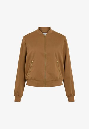 Brown bomber jacket made of smooth fabric with a round collar, front zipper, and two zippered side pockets. Ribbed cuffs and hem.