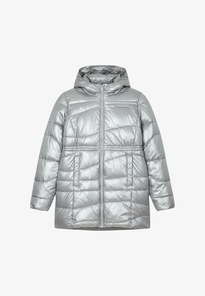 Giacca imbottita argento con cappuccio, caratterizzata da una superficie lucida, design trapuntato, cerniera frontale e tasche laterali.