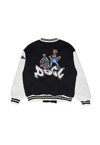 Giacca varsity bianca e nera con design grafico di due personaggi sul retro, con polsini e vita a righe.