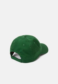Boné de beisebol verde em algodão com aba curvada, tira ajustável na parte de trás e um orifício de ventilação no topo. Design de cor sólida.