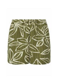 Pantaloni corti verdi in tessuto testurizzato, con un motivo di foglie bianche e una vita con cordoncino regolabile.