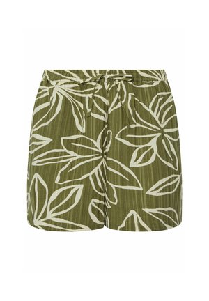 Shorts verts en tissu texturé, avec un motif de feuilles blanches et une ceinture à cordon de serrage ajustable.