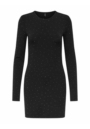 Vestido negro de manga larga con diseño ajustado, con un estampado disperso de pequeñas tachuelas plateadas sobre la tela. Textura suave.