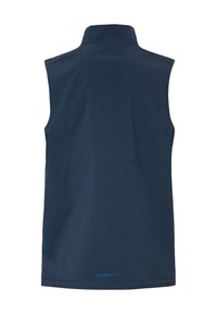 Ärmellose Outdoor-Weste in Marineblau mit hohem Kragen, sichtbaren Nähten und kleinem VAUDE-Logo am unteren Rücken.
