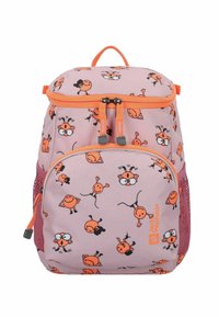 Roze rugzak met oranje cartoonfiguurpatronen, dubbele ritsen en gaas zijvakken. Heeft een handvat aan de bovenkant en verstelbare schouderbanden.