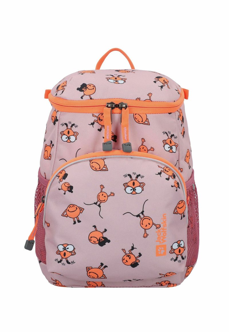 Roze rugzak met oranje cartoonfiguurpatronen, dubbele ritsen en gaas zijvakken. Heeft een handvat aan de bovenkant en verstelbare schouderbanden.