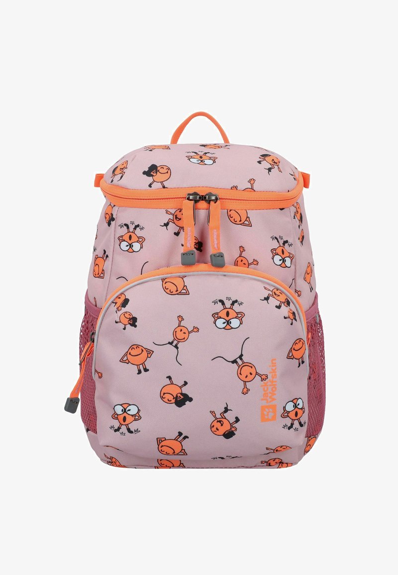 Zaino rosa con motivi di personaggi dei cartoni animati arancioni, doppie cerniere e tasche laterali in rete. Presenta una maniglia superiore e spallacci regolabili.