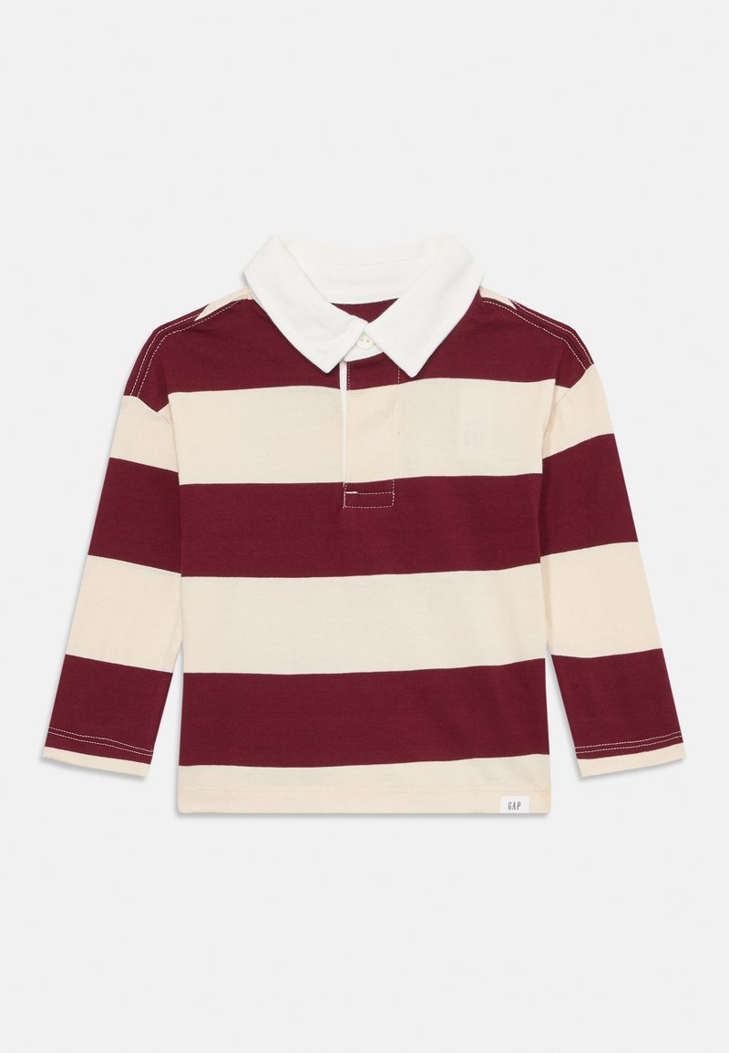 Lange mouw polo-shirt met bordeauxrode en roomkleurige horizontale strepen, een witte kraag en knoopsluiting. Zachte katoenen stof met een label aan de zoom.