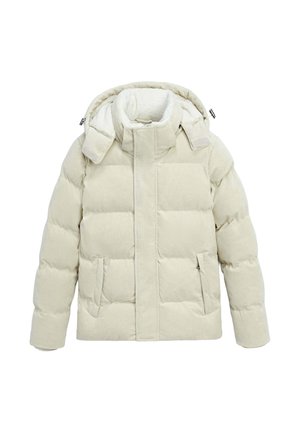 Doudoune beige clair avec une texture côtelée, dotée d'un col montant, d'une capuche et de deux poches avant. Le design est matelassé avec des coutures visibles.