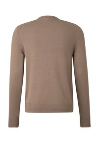Brauner Strickpullover mit Rundhalsausschnitt, langen Ärmeln, gerippten Bündchen und Saum, mit glatter, weicher Textur und einfarbigem Design.