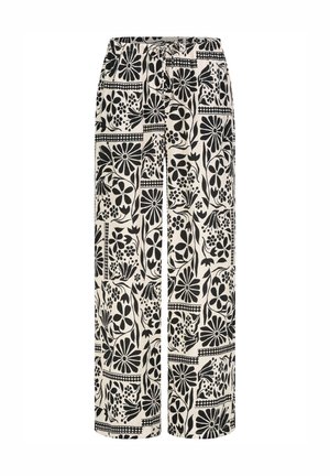 Weit geschnittene cremefarbene Hose mit schwarzem Blumen- und geometrischem Muster und einem elastischen Bund mit Kordelzug.