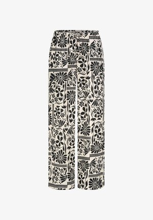 Wide-leg cream pants with black floral and geometric print and an elastic waistband with drawstring.