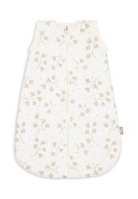 Sac de couchage crème avec un motif floral beige. Il comprend une fermeture éclair à l'avant et un design sans manches, fabriqué à partir d'un tissu doux et respirant.