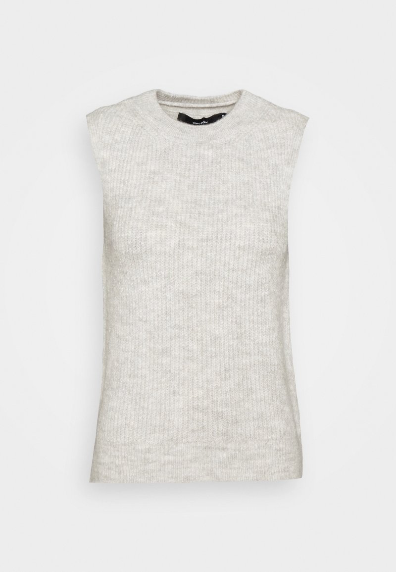 Gilet sans manches en tricot côtelé gris clair avec un col rond et une texture douce.