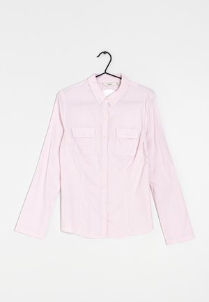 Roze gestreepend overhemd met knopen, een kraag, twee borstzakken en lange mouwen. Gemaakt van lichtgewicht stof met een gladde textuur.