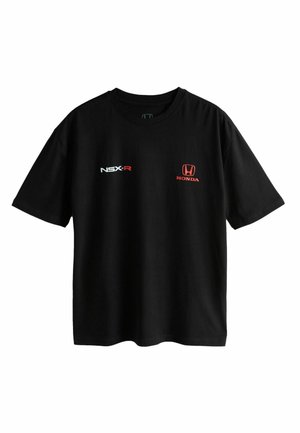 Schwarzes kurzärmeliges T-Shirt mit weißem "NSX-R"-Schriftzug auf der linken und rotem Honda-Logo mit "HONDA"-Schriftzug auf der rechten Brust.