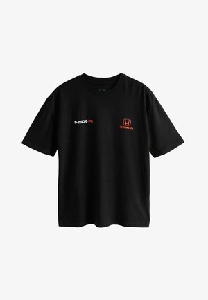 Schwarzes kurzärmeliges T-Shirt mit weißem "NSX-R"-Schriftzug auf der linken und rotem Honda-Logo mit "HONDA"-Schriftzug auf der rechten Brust.