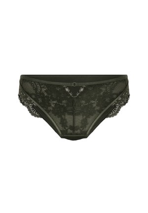 Donkergroene kanten bikinionderbroek met bloemenpatronen en gegolfde randen op een witte achtergrond.