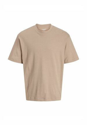 Beige short-sleeve t-shirt made of cotton. Features a crew neck and a relaxed fit with a smooth texture. No visible patterns or graphics.