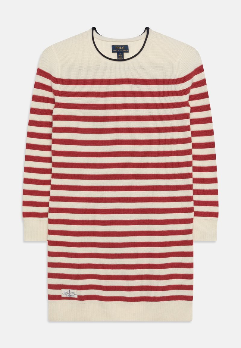 Robe en maille à manches longues avec des rayures horizontales rouges et crème, col rond avec bordure noire et étiquette de marque à l'ourlet.