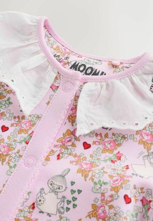 Pink cotton shirt with white ruffled collar, front button closure, and floral patterns featuring hearts and cartoon characters.