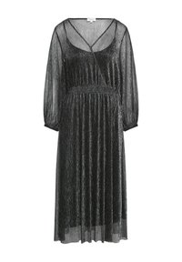 Schwarzes, durchsichtiges Kleid mit langen Ärmeln, lockerer Passform, gerafftem Taillenbund und V-Ausschnitt. Verfügt über ein strukturiertes, reflektierendes Material.