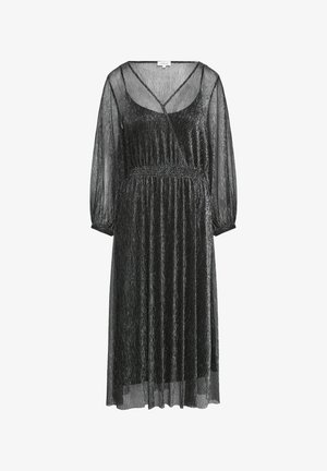 Zwarte, doorzichtige jurk met lange mouwen, een losse pasvorm, een geplooide taille en een v-hals. Heeft een textuur en reflecterend materiaal.