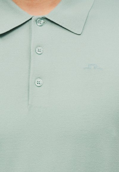 Polo vert clair à trois boutons avec un logo brodé subtil sur la poitrine, présenté du col jusqu'au milieu du torse.