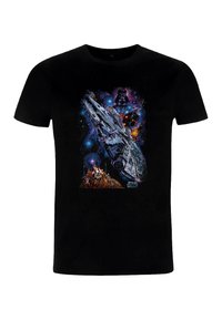 Černé bavlněné tričko s barevným motivem vesmírné lodě ve vesmíru, s kosmickými prvky a postavami v detailní scéně.