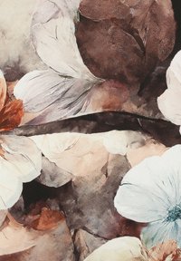 Wzór kwiatowy z miękkimi, teksturowanymi płatkami w odcieniach bieli, różu i brązu. Projekt łączy organiczne kształty z efektem akwareli.