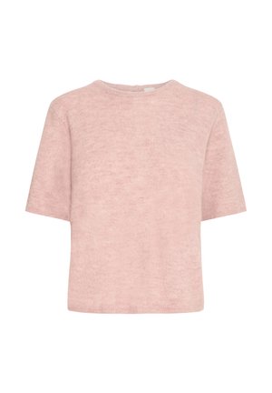 Sweater court à manches courtes de couleur rose pâle en matière douce et texturée. Présente un col rond et une coupe décontractée avec un ourlet droit.